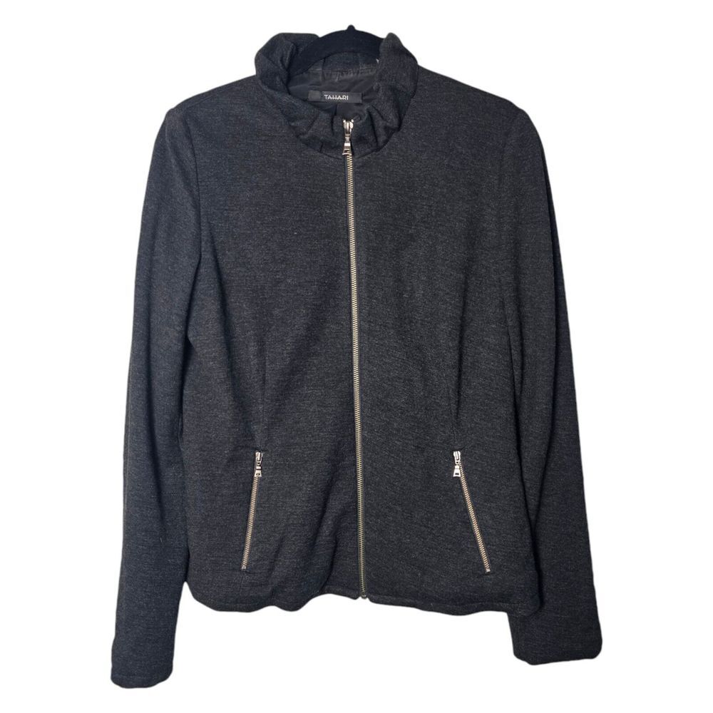 Tahari Knit Jacket Charcoal Black Medium Zip Up Pleated Collar‎ Wool Blend ~